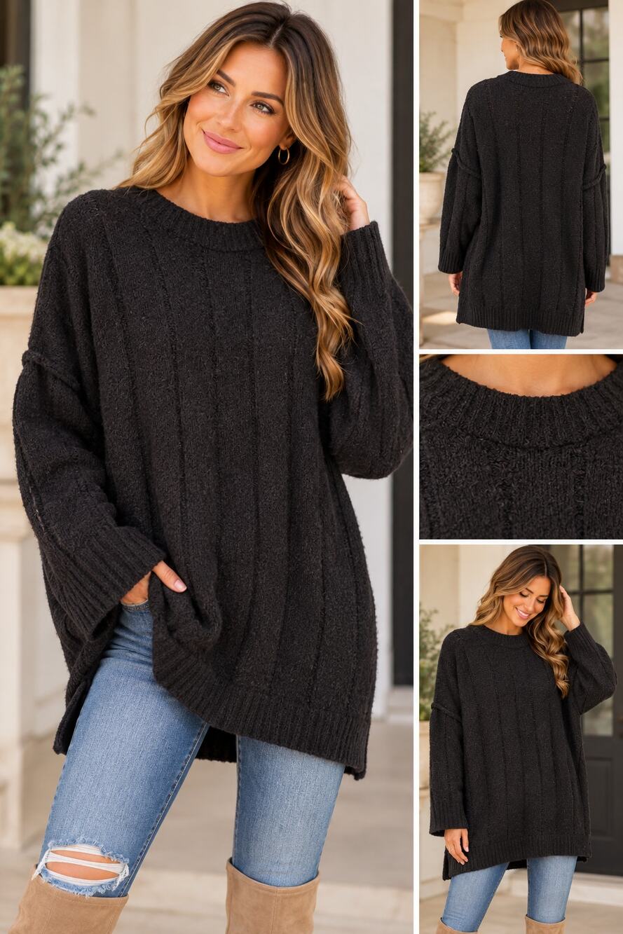 TOPSHOP Black Oversized Knit Sweater Tunic Relaxed Long Sleeve Size 12